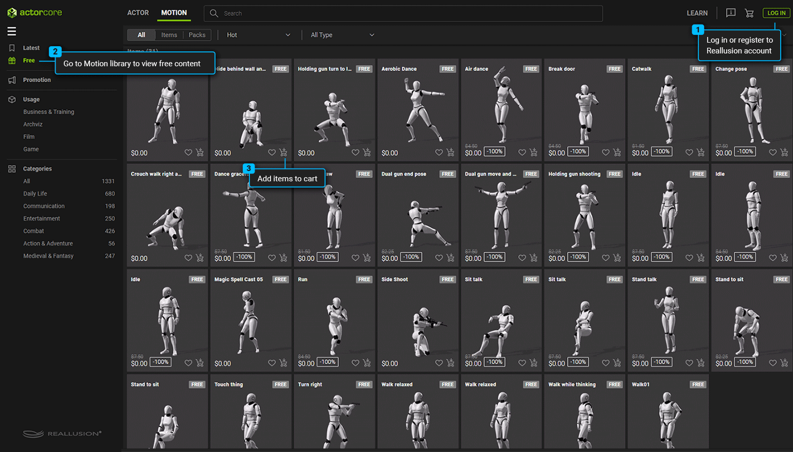 how to download the free motions characters