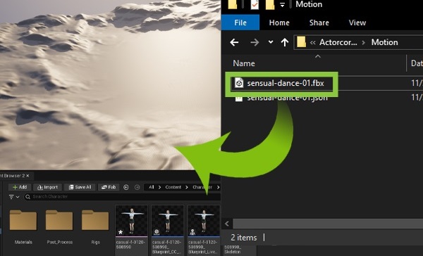 Drag the FBX motion file into your Unreal project.